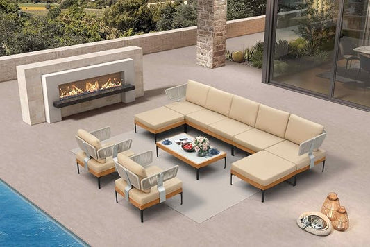 PURPLE LEAF Patio Furniture Set Outdoor Conversation Sets with Fade-Resistant Cushions and Coffee Table 10 Pieces Aluminum Modern Wicker Sofa Chairs for Balcony Yard Garden, Khaki