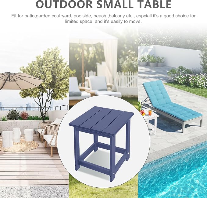 LZRS Patio End Table, Heavy Duty HDPE Outdoor Coffee Table with Wood Texture, Weatherproof Composite Table for Adirondack Chairs, Deck, Pool, Indoor/Outdoor, No Peeling or Cracking(Navy Blue)