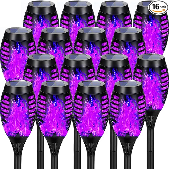 Purple Halloween Solar Lights Outdoor with Flickering Flame, 16 Pack | Halloween Decorations Solar Torch Lights, Waterproof Solar Halloween Lights Tiki Torches for Outside Patio Pathway Yard Decor