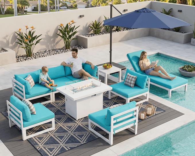NICESOUL Modern Aluminum Patio Furniture Set, 9 Piece Modular Oversized Outdoor Sectional Sofa with Chaise Lounge, 500 lbs Heavy Duty Comfortable Conversation Set for Poolside Garden Deck, Turquoise