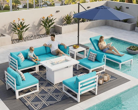 NICESOUL Modern Aluminum Patio Furniture Set, 9 Piece Modular Oversized Outdoor Sectional Sofa with Chaise Lounge, 500 lbs Heavy Duty Comfortable Conversation Set for Poolside Garden Deck, Turquoise