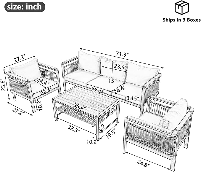 4 Pieces Outdoor Sectional Sofa Set 5-Person Patio Seating Group Outdoor Conversation Set with Cushions and a Coffee Table for Patios, Gardens,or Balcony (Beige#30)