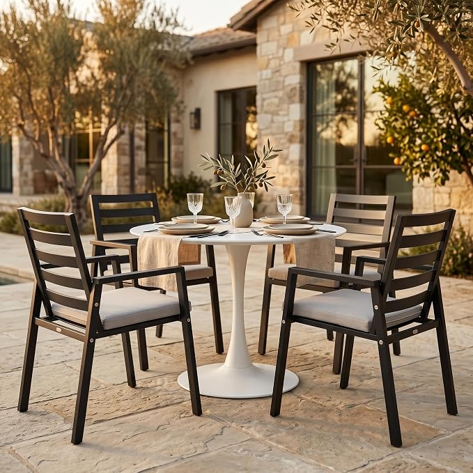 LeisureMod Bello 35" Round Outdoor Dining Table, Modern Black Metal Patio Bistro Table with Pedestal Base, Weather-Resistant Accent Table for Balcony, Garden, Deck, Backyard & Cafe, White