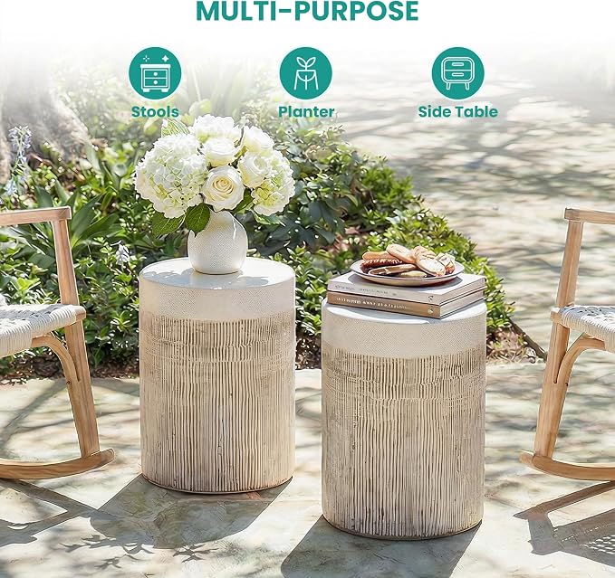 SUNBURY Outdoor Side Table, 17" H Concrete End Tables w Vertical Thread, Ceramic Accent Table for Patio, Round Modern Garden Stool for Patio, Backyard, Light Yellowish