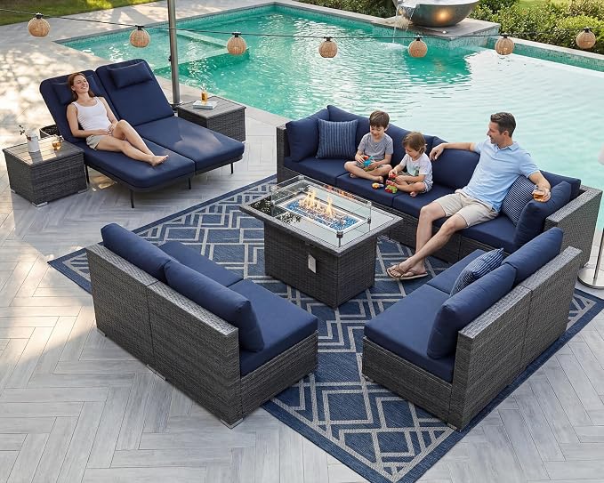 NICESOUL 13 Pcs Outdoor Furniture with Fire Pit, 29.3'' High Back Large Patio Couch Set with Fire Pit Table & Chaise Lounge, Extra Wide Deep Seat Sectional Sofa and Lounger for Deck, Grey & Navy Blue