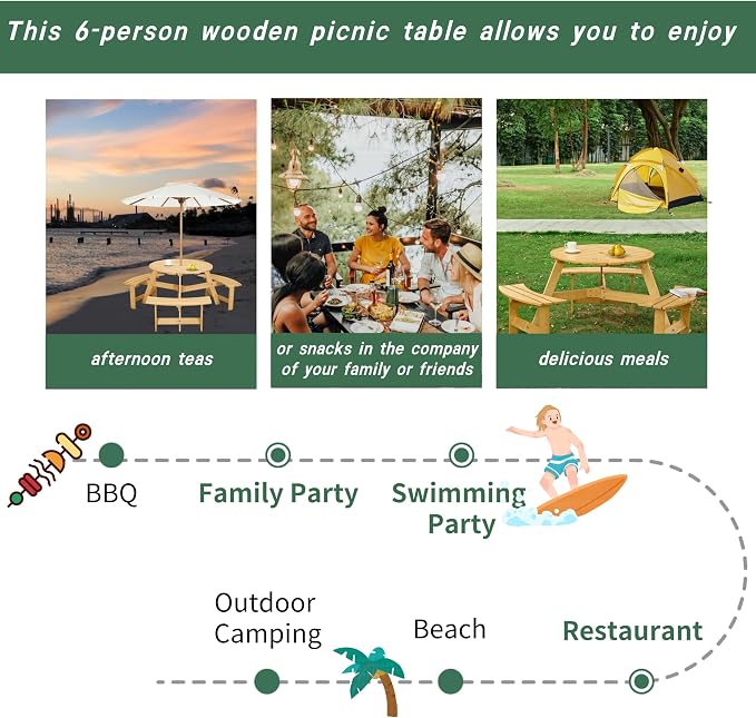 JOYBASE 6-Person Wooden Picnic Table, Outdoor Round Table with Built-in Benches and Umbrella Hole, Picnic Table Bench Set for Patio, Backyard, Garden (Natural)