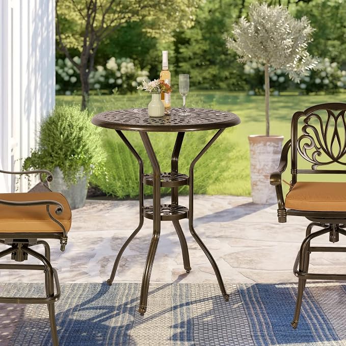 VIVIJASON 31" Patio Height Bar Table, All-Weather Cast Aluminum Bar Bistro Table Outdoor Patio Round Dining Table with Umbrella Hole for Balcony, Lawn, Garden, Backyard, Antique Bronze