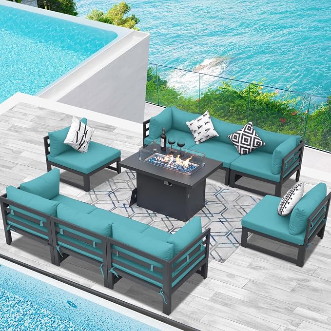 RADIATA 9 Piece Large Modern Aluminum Outdoor Patio Furniture Set with Fire Pit Table Propane/Gas, 29 inch Wide Deep Seat, Anti-Rust Comfy Sectional Sofa, 500 lbs Sturdy Conversation Set, Turquoise
