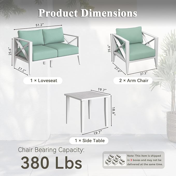 4 Piece Aluminum Patio Furniture Set, Modern Outdoor Patio Conversation Sets with Ergonomic Armhairs and Loveseat, 6" Thick Washable Cushions for Balcony, Porch, Backyard,Brown