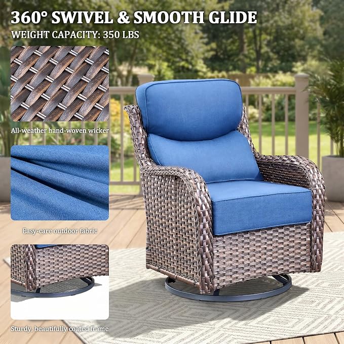 Luxury Swivel Rocker Chair Sofa Set with 6" Thick Cushions,8-Piece Wicker Patio Chair with Coffee Table and Ottoman,Outdoor Comfortable High Back Chair Patio Furniture Set - Brown | Blue
