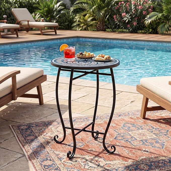 Giantex Outdoor Side Table, Blooming Lotus Mosaic Patio Accent Table, 14" Coffee End Table, Indoor Outdoor Metal Plant Stand for Porch Garden Balcony Desk