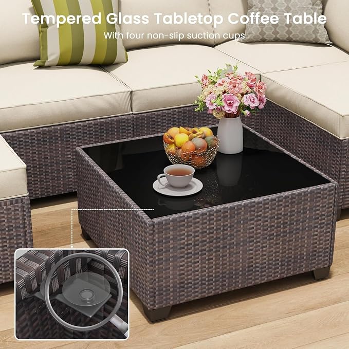 7 Piece Outdoor Patio Furniture Set with Modular Rattan Wicker Sectional Sofa Couch, Water Washable Thick Cushions, Modern Outdoor Conversation Set with Coffee Table for Garden(Blue)
