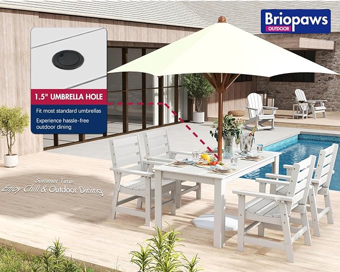 BRIOPAWS Outdoor Dining Table | HDPE | 67” Patio Rectangle Tables | All Weather | Umbrella Hole | Patio Furniture Set for 4-6 Person | White