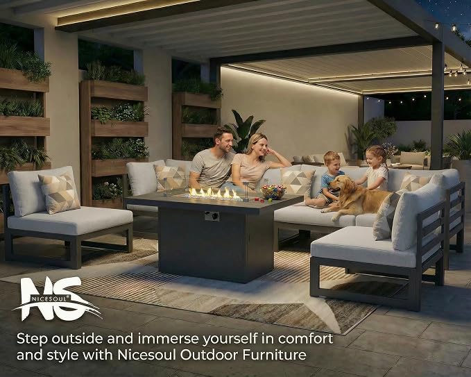 NICESOUL 9 Piece Large Modern Aluminum Outdoor Patio Furniture Set with Lounge & Fire Pit Table, 29" Wide Deep Seating, All Weather Sectional Sofa, 500 lbs Heavy Duty Deck Conversation Set, Light Gray