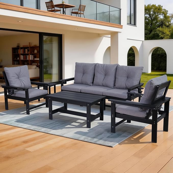 HDPE Outdoor Patio Furniture Set, 7 PCs All Weather Performance Patio Conversation Set w/Back and Seat Cushions, Free Combination Outdoor Furniture for Patio, Lawn, Poolside, Backyard, Black