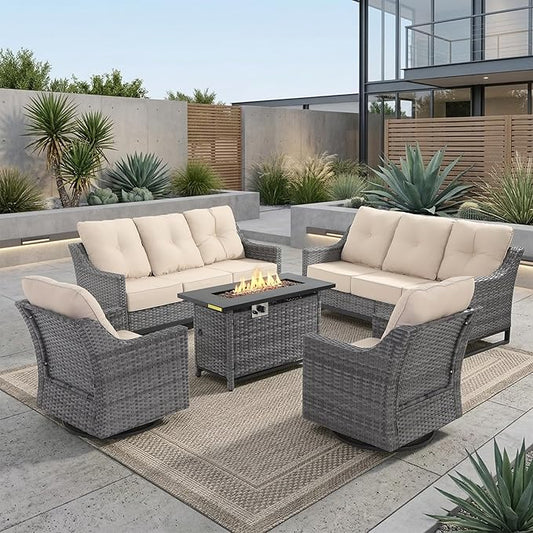 5 Piece Patio Furniture Set with Fire Pit, Grey Wicker Outdoor Conversation Set with 2 Swivel Rocker Chairs, 2 Sofas and Rectangular 60,000 BTU Fire Pit Table, Beige Covers for Patio