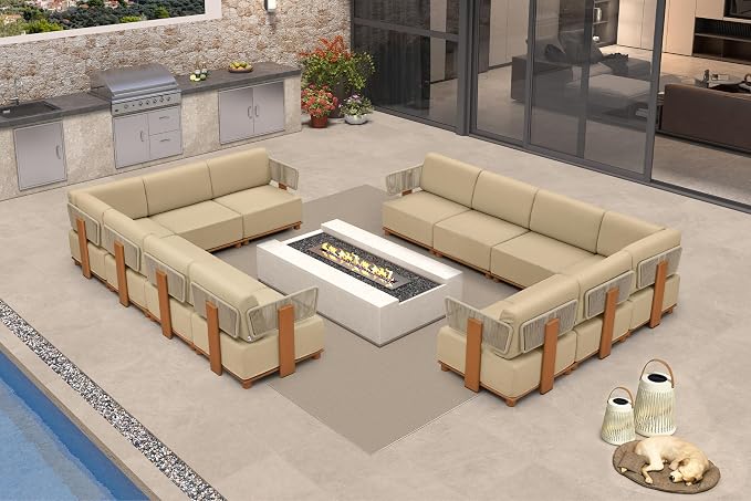 PURPLE LEAF Patio Furniture Set Modular L-Shaped Outdoor Sectional Sofa with 11" Thick Olefin Cushion 12-Piece Outdoor Conversation Set with White Lights for Patio Backyard Garden Poolside, Beige