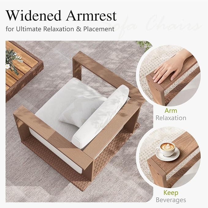 Sophia & William HDPE Patio Furniture Set，Modern Outdoor Sectional Sofa Set with 9.8" Cushions and 43.5" Wood Grain Coffee Table, Deep Seating Outdoor Conversation Set for Backyard(Beige, 5 Pieces)