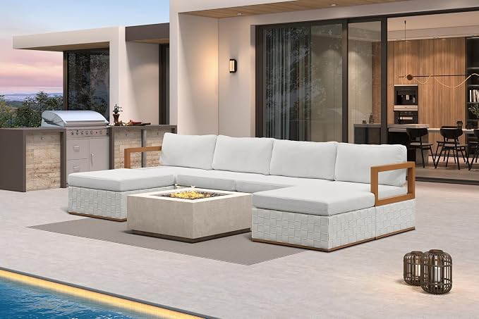 PURPLE LEAF Patio Furniture Set Ottoman Outdoor Sectional Sofa Patio Conversation Set with Olefin-Blend Fabric and Modern PU Leather Base, Patio Couch for Porch, Balcony, Garden, White