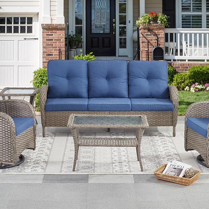 Belord 40 Inch Rectangular Coffee Table - Grey Wicker Outdoor Table with 2-Layer Storage, Tempered Glass Top, Rattan Patio Furniture for Balcony, Porch, Deck