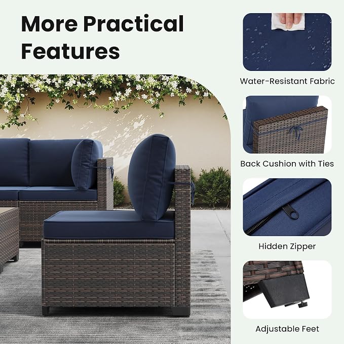 Soohow 8 Piece Patio Furniture Set with 44" Fire Pit Table, Outdoor Sectional Wicker Rattan Conversation Set for Garden, Porch, Backyard - Navy Blue Cushions