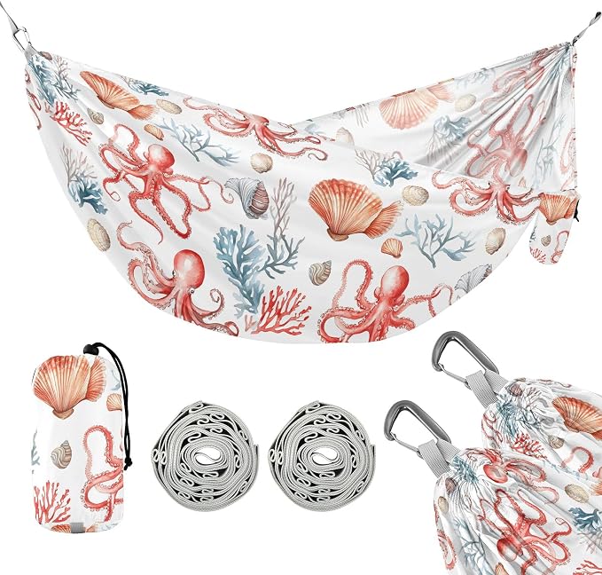 Camping Hammock Outdoor Hammocks for Outside Octopus Shell Coral Beach Trees Portable Lightweight with Pockets Tree Straps Indoor Small