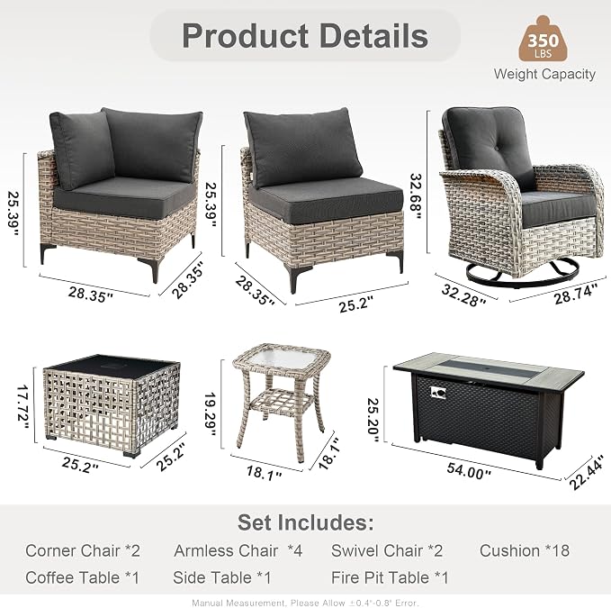 Outdoor Sectional Patio Furniture Set with Fire Pit Table,11 Pieces Rattan Wicker Conversation Sets L Shaped Couch,Out Door Furniture with Swivel Chairs Glowing Coffee Table,Black