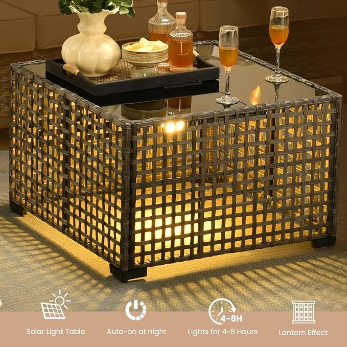 HOOOWOOO Outdoor Patio Side Table with Solar Light,Wicker Coffee End Table Glass Top,LED Deck Table for Yard,Deck,Porch,Garden(Grey)