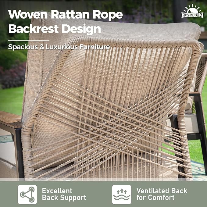 SUNSHINE VALLEY 4 Piece Patio Furniture Set with Swivel Chairs, High Back Rope Rattan Outdoor Conversation Set with Extra Thick Cushion and Coffee Table for Lawn Garden Backyard and Deck