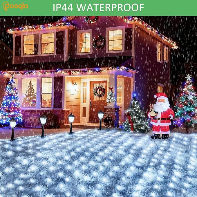 Pooqla Solar Net Lights, 10x10ft 280LED Gazebo Net Lights Outdoor with 8 Modes, Solar & USB Powered Waterproof String Lights Clear Wire, Chandelier for Pergolas, Patio, Bush, Backyard Decor Cool White