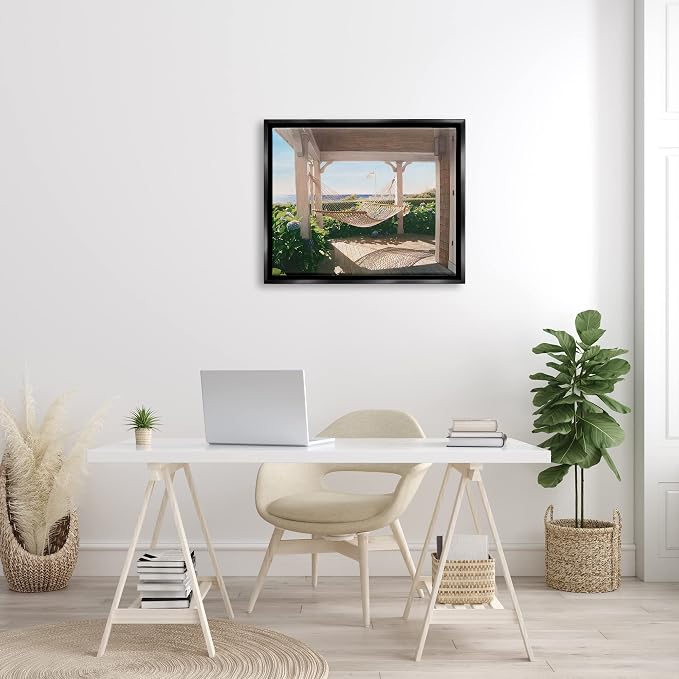 'Tranquil Hammock Warm Sunlit Porch Rural'| Floating Frame Canvas Art | Stupell Industries | Black, 31 x 25 Inches, Easy to Hang and Sturdy, Made in USA, by Tom Mielko
