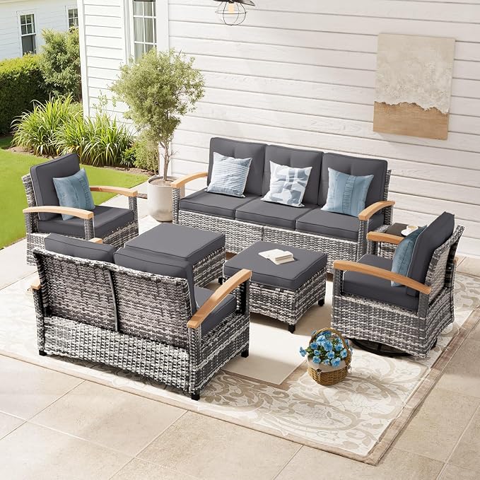 MEISSALIVVE 7 Pieces Outdoor Patio Furniture Sets, Wicker Patio Conversation Sets with 2 Wood Armrests Swivel Glide Chairs, Outdoor Couch for Deck Yard and Poolside (Grey)