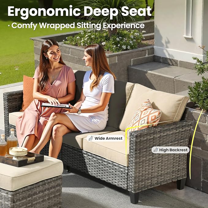 ovios 8 Pieces Patio Furniture Set, Outdoor Wicker Sofa Couch with Swivel Chairs, Rocking Glider Rocker with Comfy Cushions All Weather Rattan Conversation Set, Beige
