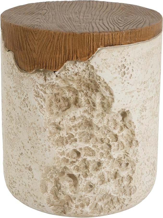 Outdoor Side Table, Modern Organic MGO Accent End Table for Patio, Living Room, Beige Tone Rustic Textured Base with Wood Grain Top