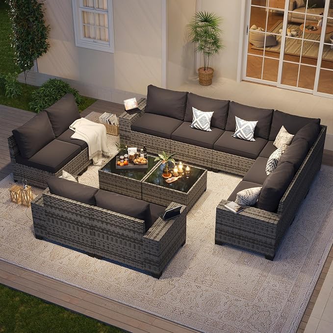 Aoxun Patio Furniture Set, 12 Pcs Outdoor Patio Furniture Sets with 4 in Thicken Cushion and Coffee Table, Widen Armrests Wicker Outdoor Sectional for Backyard and Garden, Black