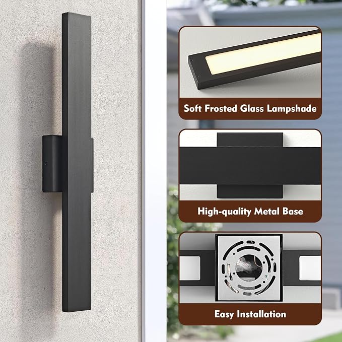 23.6inch Long Outdoor Modern LED Wall Light,24W Waterproof IP65 Warm White Led Wall Mount Lighting Fixture Black Outdoor Wall Sconces Outside Lights for House Garage Front Door Patio 2Pack