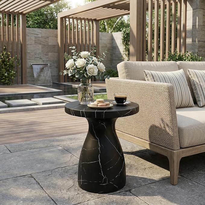 Outdoor Side Table Faux Marble End Table Faux Stone Side Tables Travertine Small Coffee Tables for Indoor Outdoor, Garden Stool Plant Stand for Porch, Backyard Patio, 20"*23"-Black