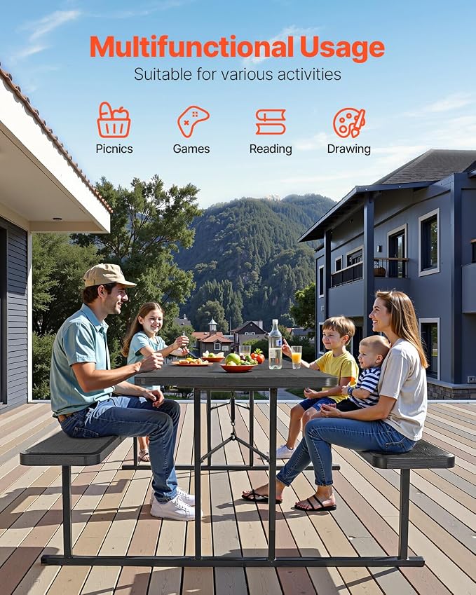 VEVOR Foldable Picnic Table, 6 FT Folding Picnic Tables with Benches, Steel Outdoor Bench Set with Umbrella Hole, Large Outside Dining Table for Patio Garden Yard Poolside (Black)