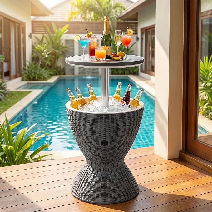 Outdoor Cooler Table, Adjustable Cool Bar with 8 Gal Ice Bucket, Drain Plug | 3-in-1 design, durable rattan-style finish, easy assembly, simple cleanup, stylish outdoor entertaining solution
