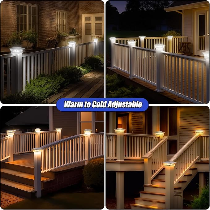 APONUO Solar Post Cap Lights 12 Pack for 4x4 5x5 6x6 Wood & Vinyl Fences - IP65 Waterproof, All-Night Auto On/Off, Warm/Cool White Light, Outdoor Deck Patio Garden (White)