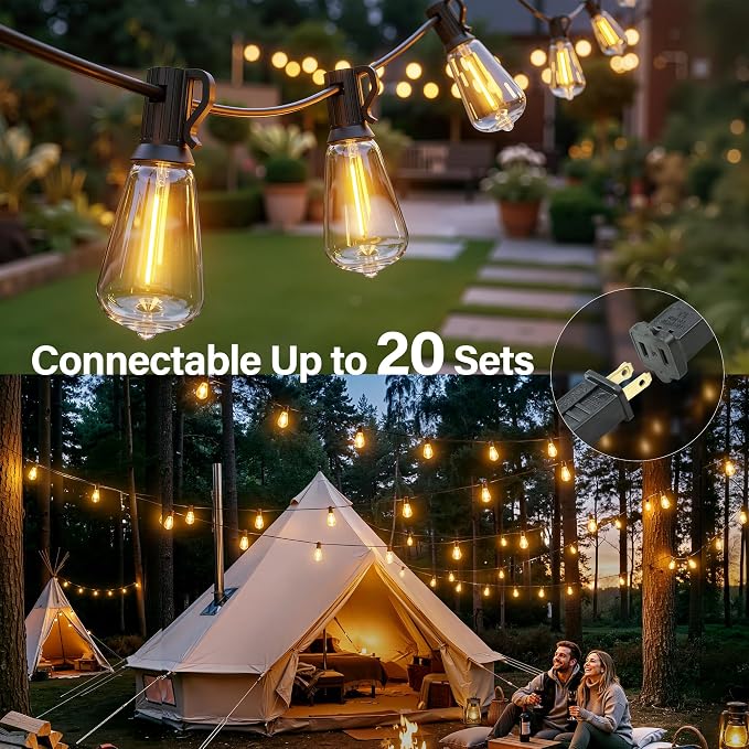 Ollny Outdoor String Lights 66FT, Shatterproof Connectable Patio Lights with 25 ST38 Edison LED Bulbs, 2200K Warm White Waterproof Outside Hanging Lights for Backyard, Gazebo, Porch, Balcony, Bistro