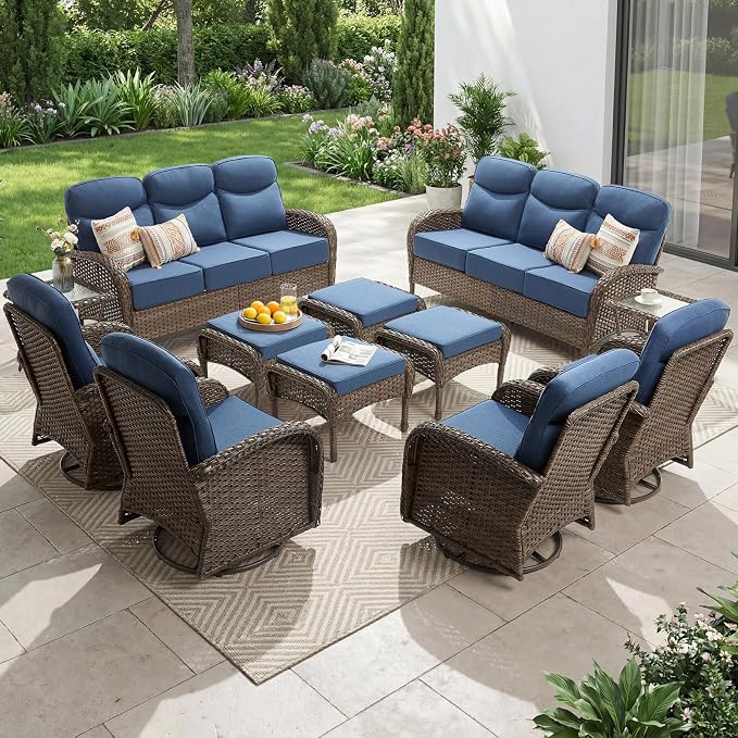 Outdoor Swivel Rocking Chair Patio Set (12pcs) High-Back - Thick Cushion Swivel Rocking Chair Patio with Sofa Set, All-Weather Wicker Patio Furniture Set, Suitable for Balcony Patios, Brown/Blue