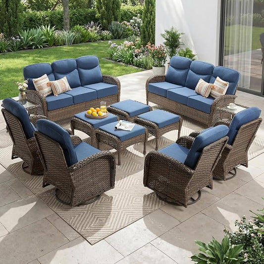 Outdoor Swivel Rocking Chair Patio Set (12pcs) High-Back - Thick Cushion Swivel Rocking Chair Patio with Sofa Set, All-Weather Wicker Patio Furniture Set, Suitable for Balcony Patios, Brown/Blue