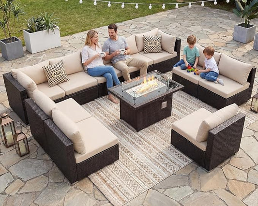 BULEXYARD 11 Piece High Back Wicker Patio Furniture Sets with Fire Pit, Luxury Plus Size Outdoor Seating Set, Comfortable Extra Wide Deep 10-Seater Sectional Couch Sofa for Outside, Brown & Beige
