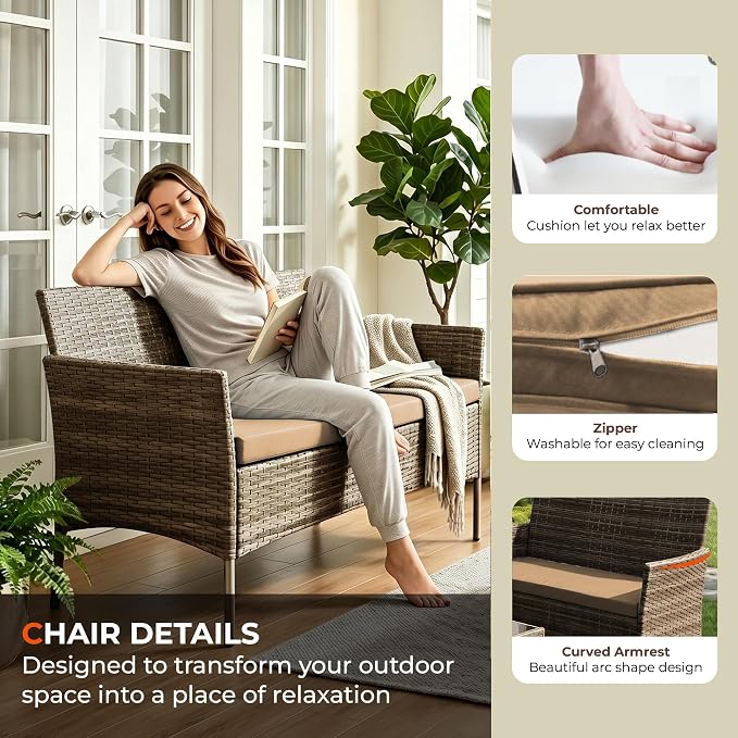 4 Pieces Outdoor Patio Furniture Set, Wicker Patio Conversation Set with Tea Table, All-Weather Outside Rattan Sectional Sofa for Backyard, Poolside, Garden, Balcony, Brown/Beige