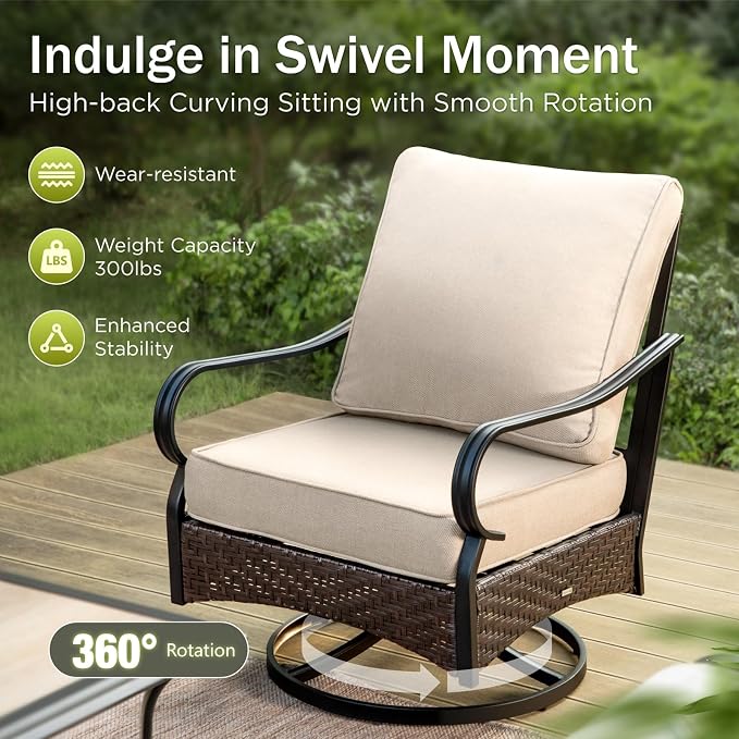 PHI VILLA Patio Furniture Set, Upgraded Wicker & Metal Outdoor Conversation Sets Patio Sofa with 5.5" Thick Cushions and Coffee Table for Porch, Poolside, Yard (4 Pieces, Beige Cushion)