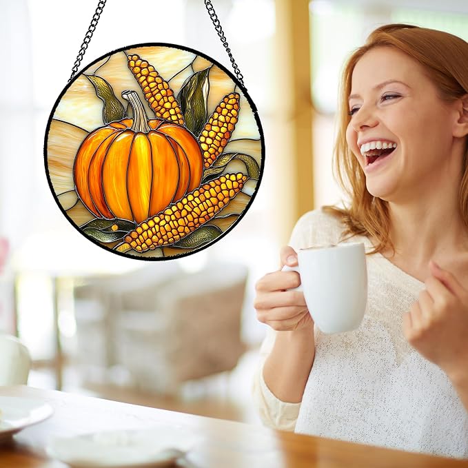 DASTOLL Stained Glass Window Hanging Autumn Harvest Pumpkin Corn 7.8" - Suncatcher Door Garden Kitchen Sunroom Sun Catcher Fall Home Decor Birthday for Mom Grandma Men Woman