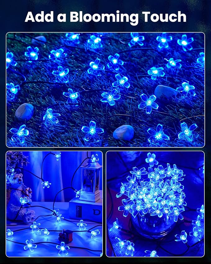 Brightown 60 LED Solar Flower String Lights for Outside Waterproof Fairy Lights for Garden Yard Fence Patio Christmas Tree Wedding Party Decor, Blue