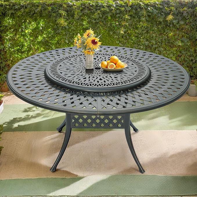 VIVIJASON Outdoor 61" Patio Dining Table for 6-8 Person, Large Patio Round Dining Table with 35.4" Lazy Susan, Dark Bronze Cast Aluminum Rustic Patio Table W/Umbrella Hole for Balcony, Porch and Deck