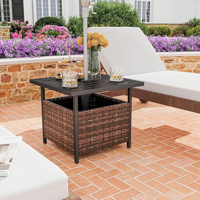 Patio Side Table with Umbrella Hole, 22" Rattan Wicker Umbrella Stand Table, Outdoor End Table for Patio, Garden, Poolside & Yard (Mix Brown)